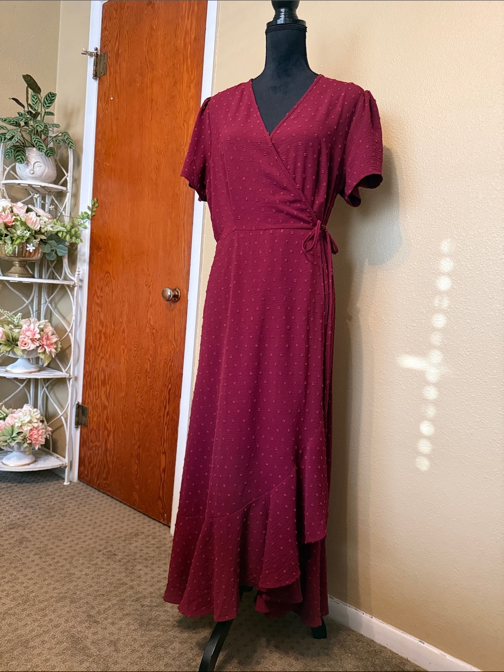 Elegant Burgundy Wrap Maxi Dress with Ruffle Hem
